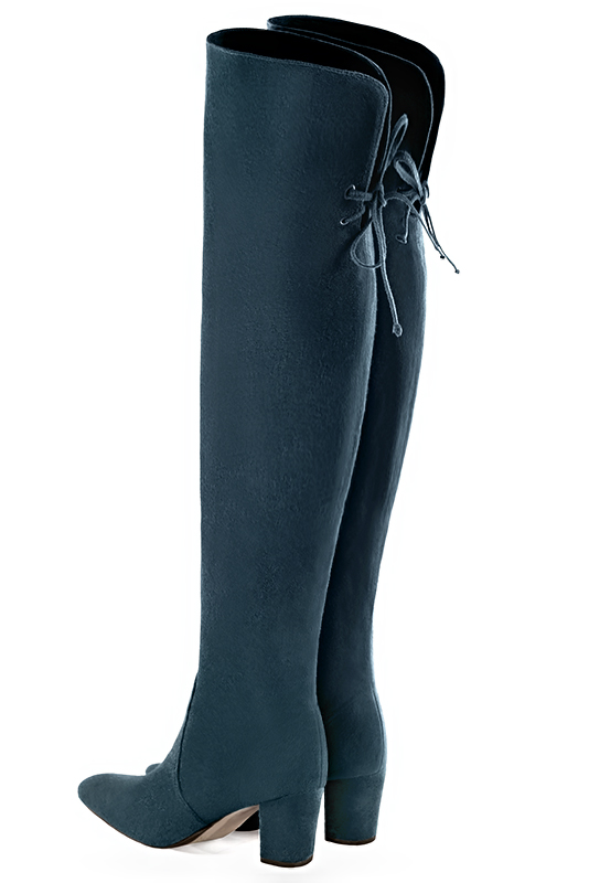Peacock blue women's leather thigh-high boots. Round toe. Medium block heels. Made to measure. Rear view - Florence KOOIJMAN